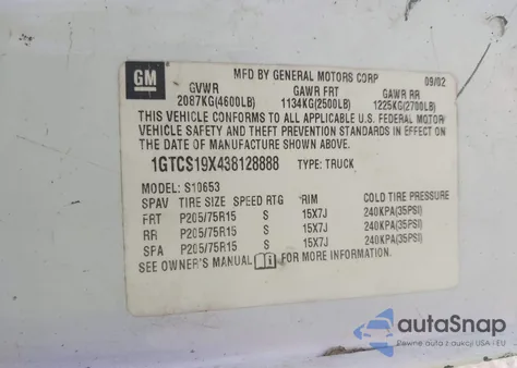 2003 GMC Sonoma из США, поврежденный, VIN 1GTCS19X438128888